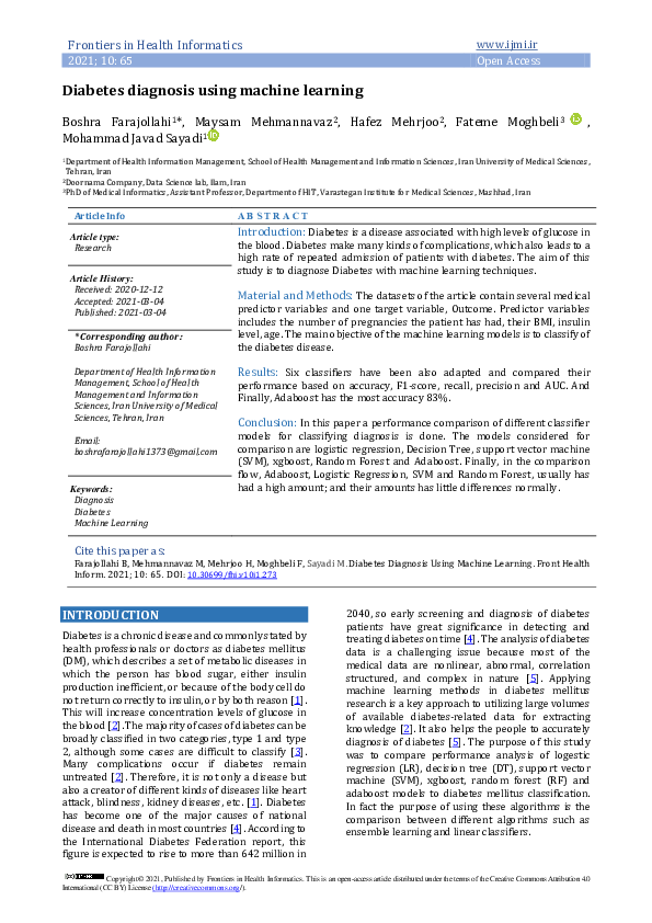 (PDF) Diabetes Diagnosis Using Machine Learning