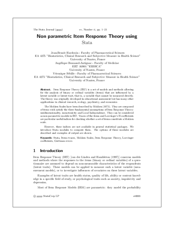(PDF) Nonparametric item response theory using Stata