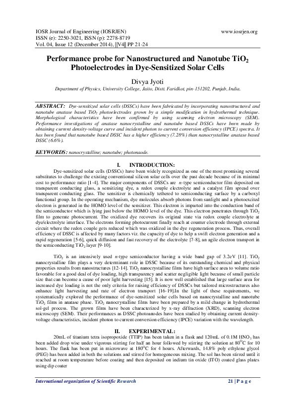 (PDF) Performance probe for Nanostructured and Nanotube TiO2 ...