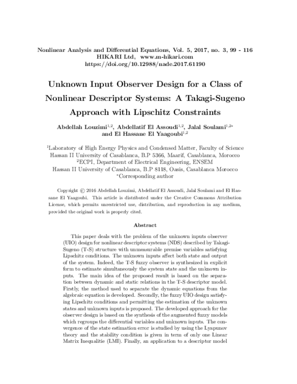 (PDF) Unknown input observer design for a class of nonlinear descriptor ...