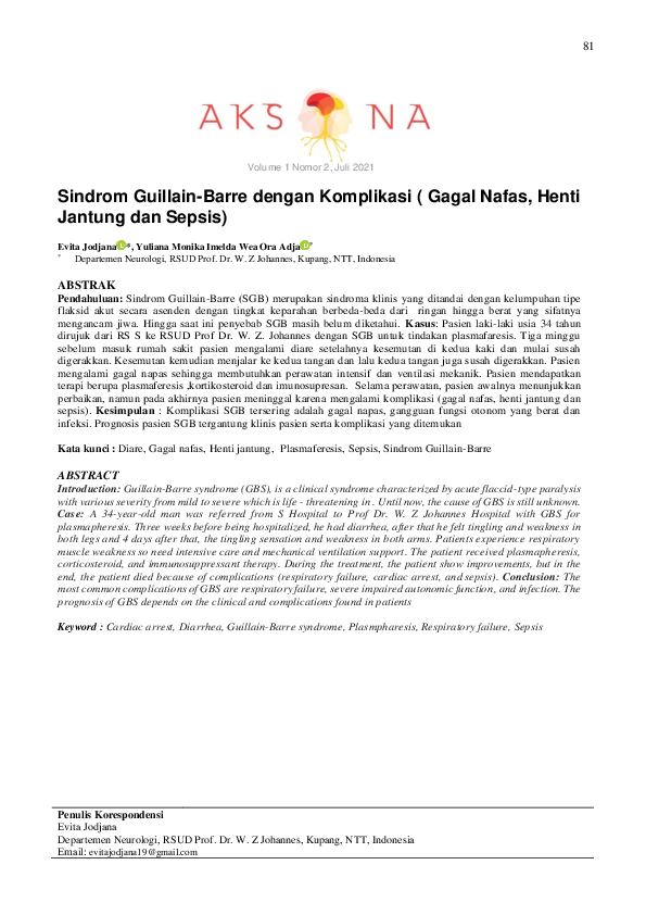 Pdf Sindrom Guillain Barre Dengan Komplikasi Gagal Nafas Henti