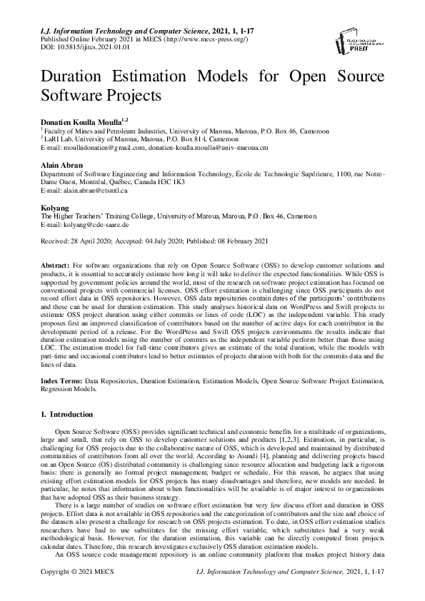 (PDF) Duration Estimation Models for Open Source Software Projects