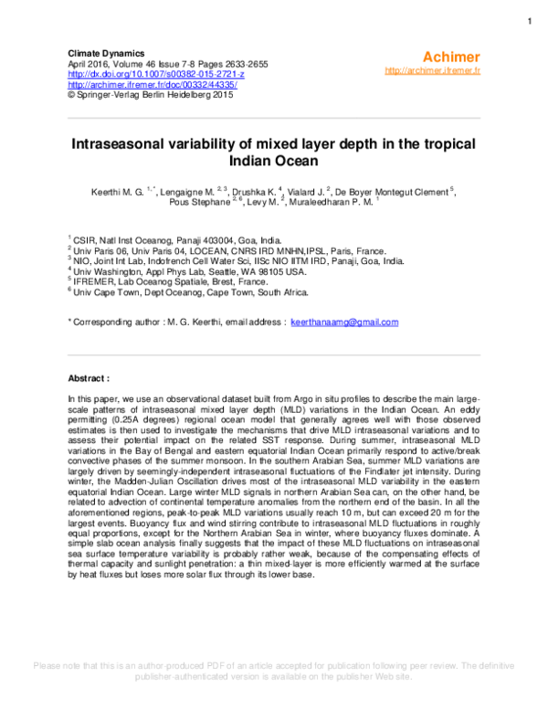(PDF) Intraseasonal variability of mixed layer depth in the tropical ...