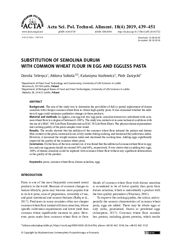 (PDF) Substitution of semolina durum with common wheat flour in egg and