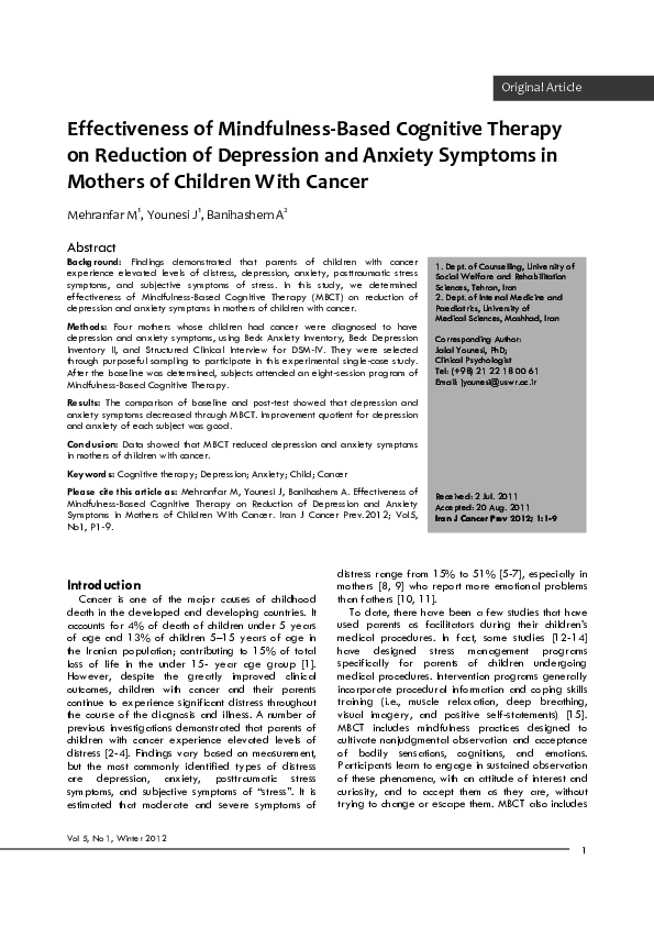 (PDF) Effectiveness of Mindfulness-Based Cognitive Therapy on Reduction ...