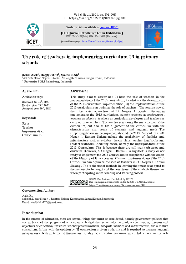 (PDF) The role of teachers in implementing curriculum 13 in primary schools