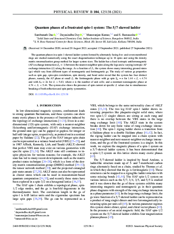 (PDF) Quantum phases of a frustrated spin-1 system: The 5/7 skewed ladder