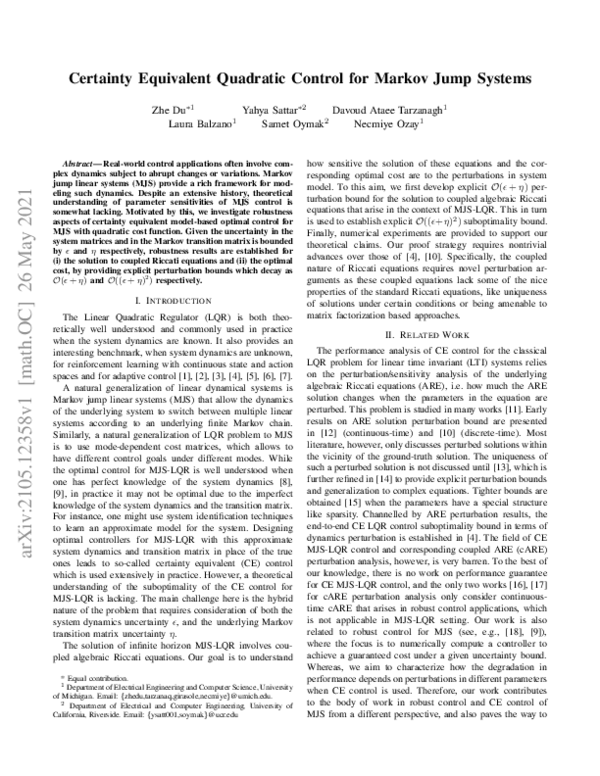 (PDF) Certainty Equivalent Quadratic Control for Markov Jump Systems