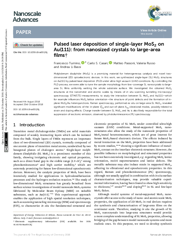 (PDF) Pulsed laser deposition of single-layer MoS2 on Au(111): from ...