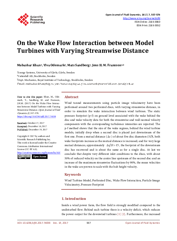(PDF) On the Wake Flow Interaction between Model Turbines with Varying ...