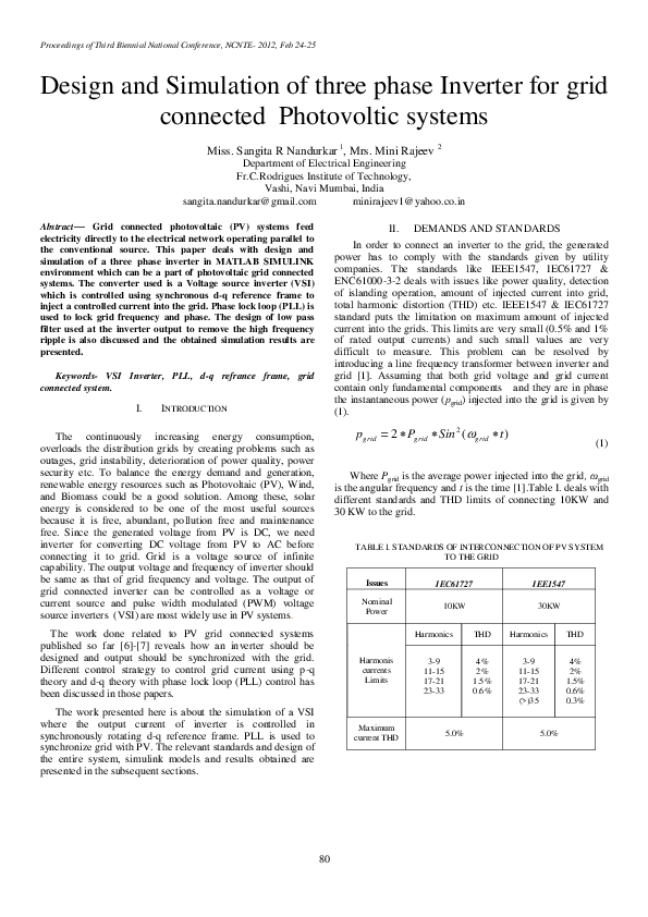 (PDF) Design and Simulation of three phase Inverter for grid connected ...