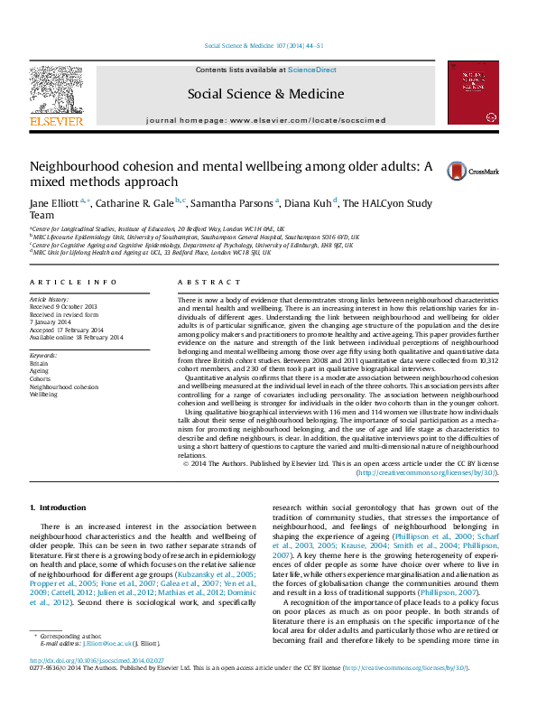 (PDF) Neighbourhood cohesion and mental wellbeing among older adults: A ...