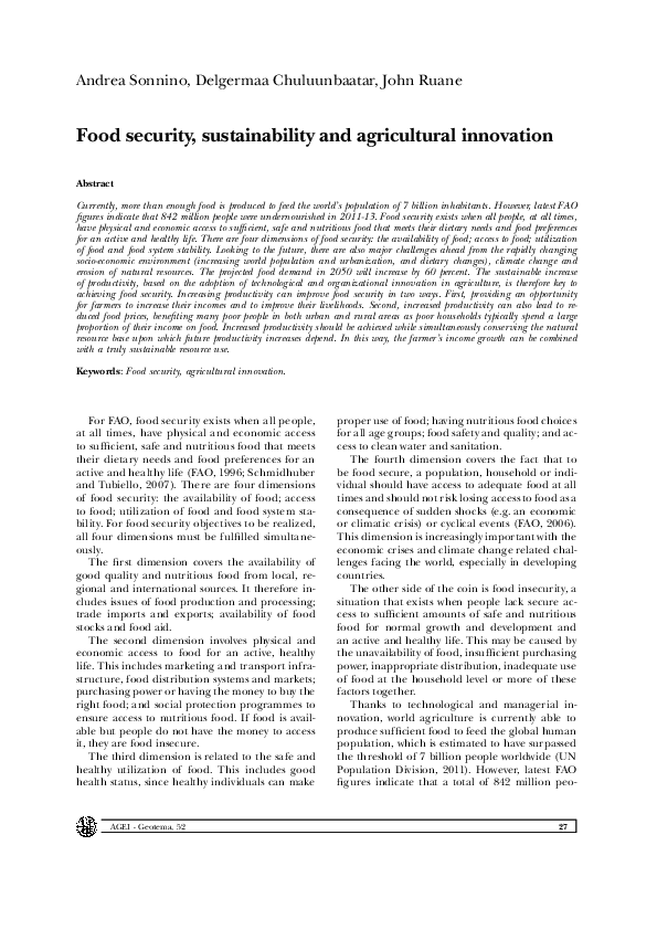 (PDF) Food security, sustainability and agricultural innovation