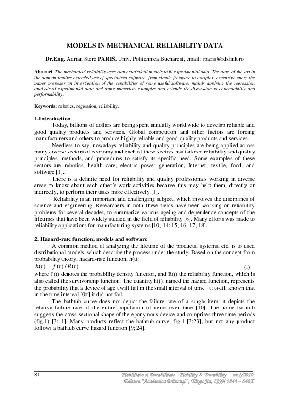 (PDF) Models in Mechanical Reliability Data