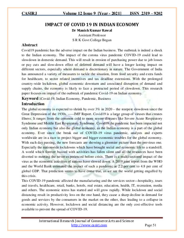(PDF) IMPACT OF COVID 19 IN INDIAN ECONOMY