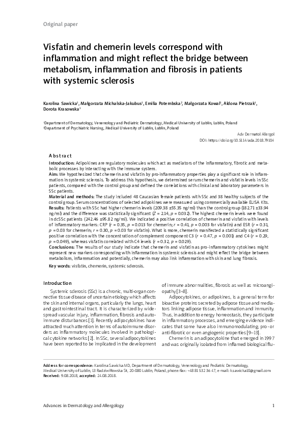 (PDF) Visfatin and chemerin levels correspond with inflammation and ...