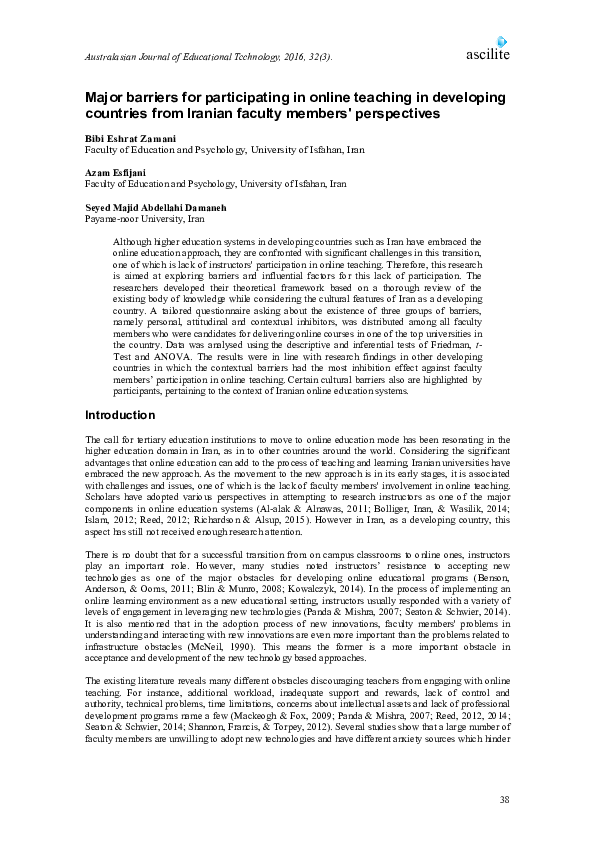 (PDF) Major barriers for participating in online teaching in developing ...