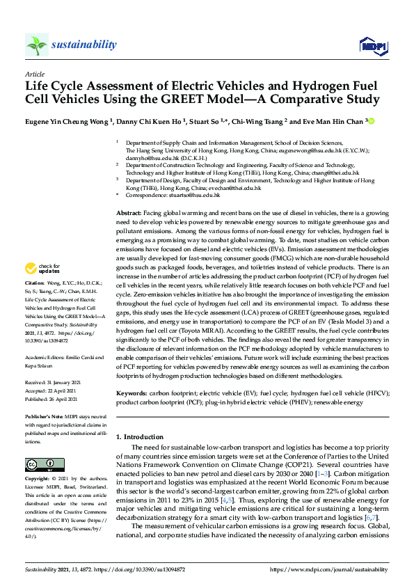 (PDF) Life Cycle Assessment of Electric Vehicles and Hydrogen Fuel Cell ...
