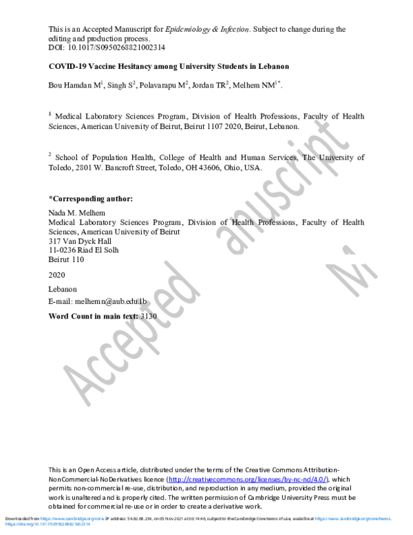 (PDF) COVID-19 Vaccine Hesitancy among University Students in Lebanon