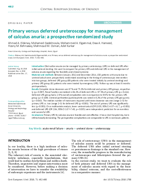 (PDF) Primary versus deferred ureteroscopy for management of calculus ...