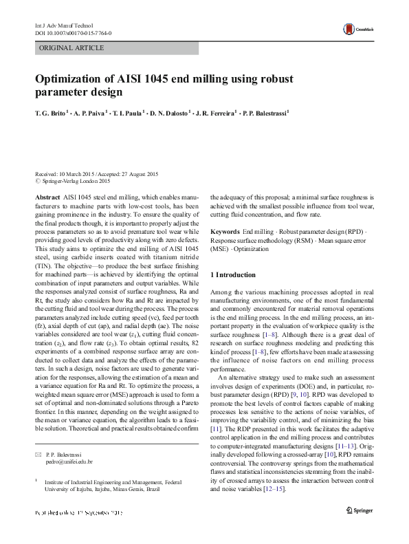 (PDF) Optimization of AISI 1045 end milling using robust parameter design