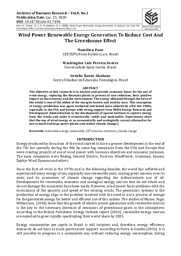 (PDF) Wind power renewable energy generation to reduce Cost and the ...