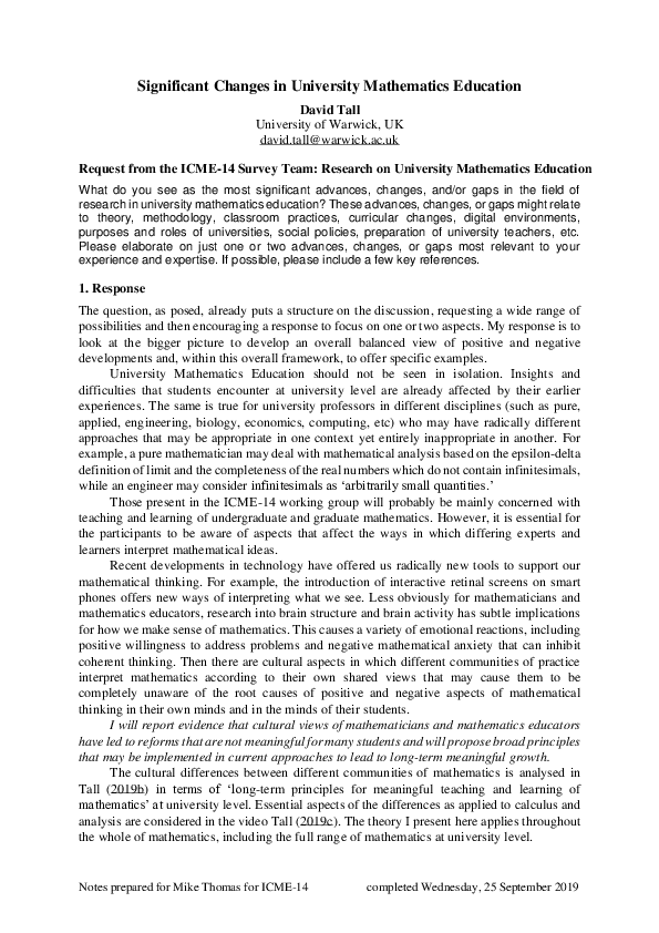 (PDF) Significant Changes in University Mathematics Education