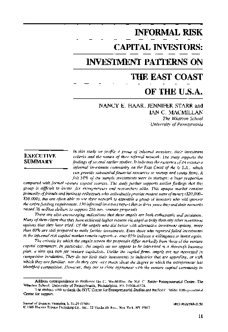 Informal risk capital investors: Investment patterns on the East Coast ...