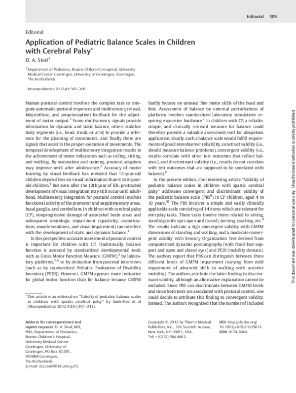 (PDF) Application of Pediatric Balance Scales in Children with Cerebral