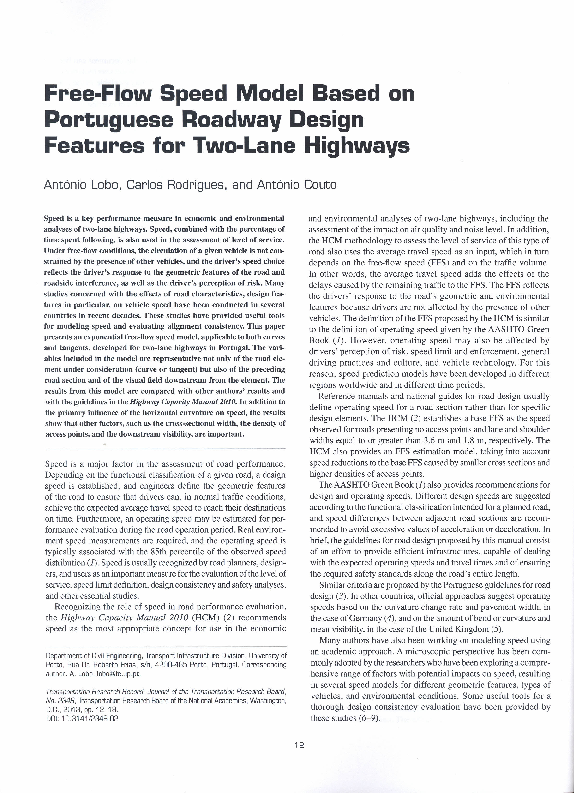 (PDF) Free-Flow Speed Model Based on Portuguese Roadway Design Features ...