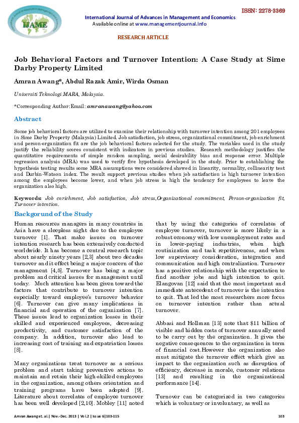 (PDF) Job Behavioral Factors and Turnover Intention: A Case Study at ...