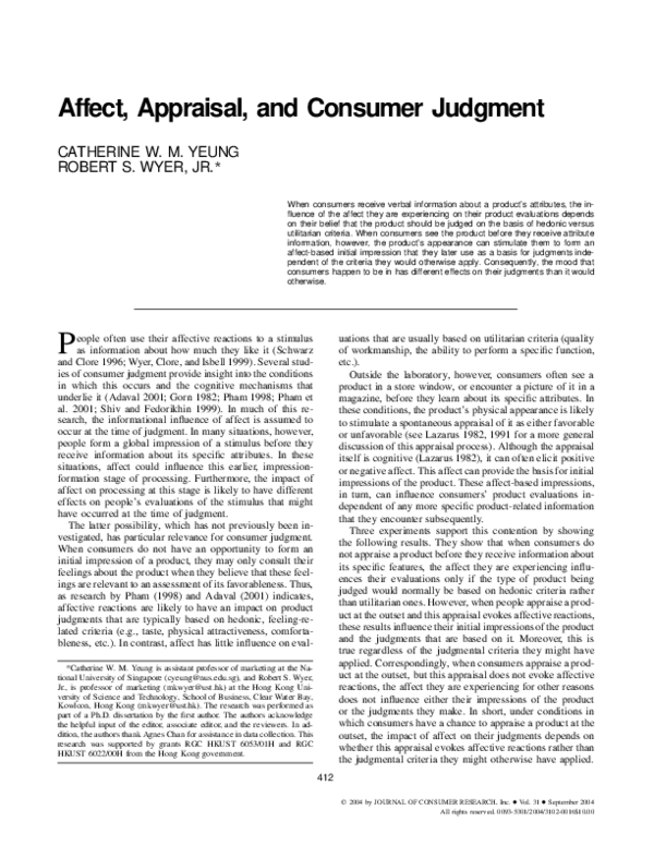 (PDF) Affect, appraisal, and consumer judgment