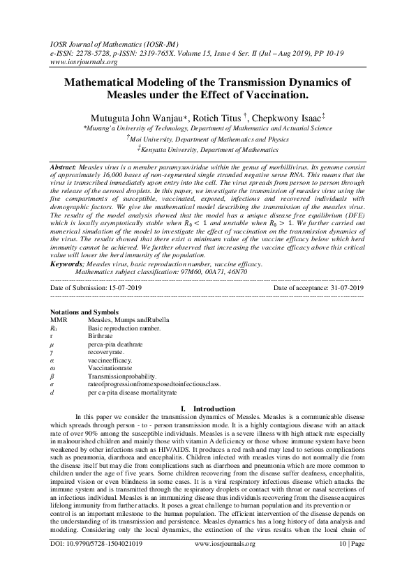 (PDF) Mathematical Modeling of the Transmission Dynamics of Measles ...