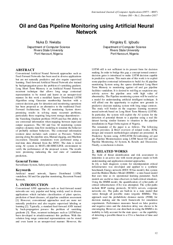 (PDF) Oil and Gas Pipeline Monitoring using Artificial Neural Network