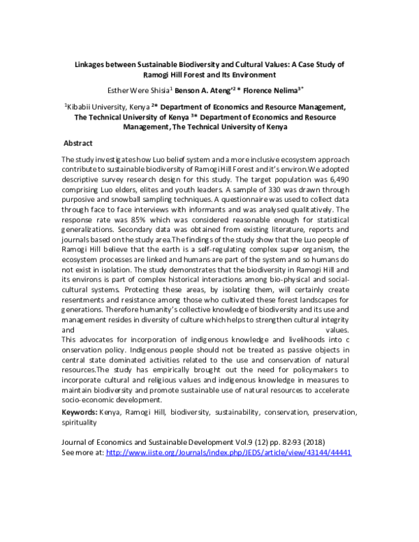 (PDF) Linkages Between Sustainable Biodiversity and Cultural Values A