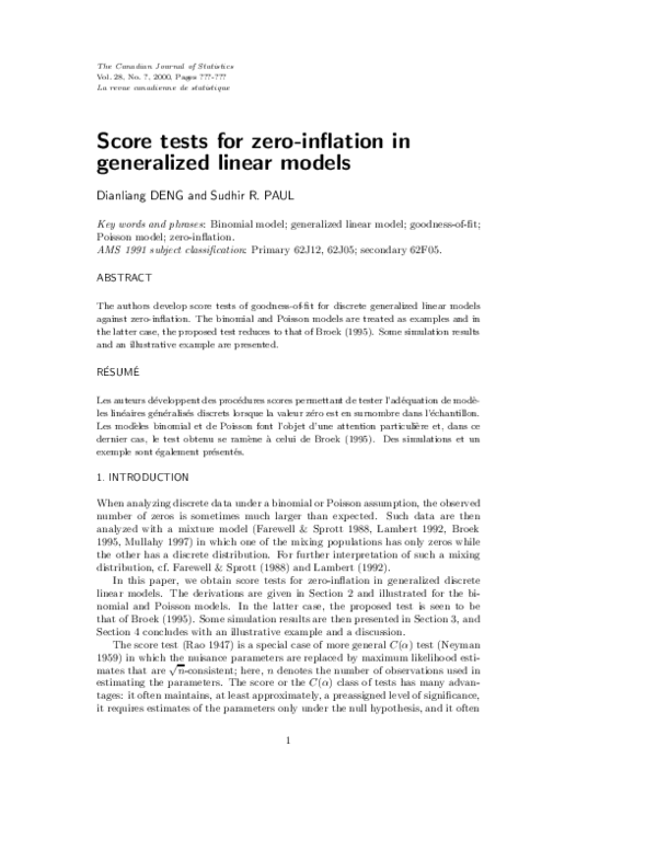 (PDF) Score tests for zero inflation in generalized linear models