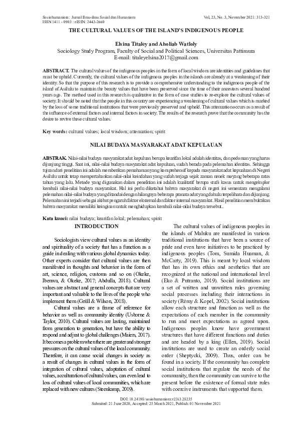 (PDF) The Cultural Values of the Island’s Indigenous People