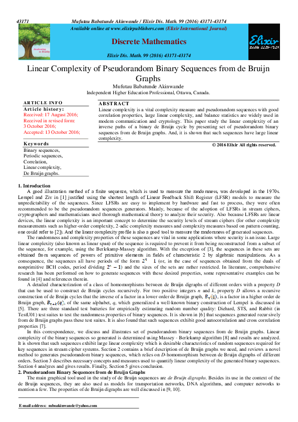 (PDF) Linear Complexity of Pseudorandom Binary Sequences from de Bruijn ...