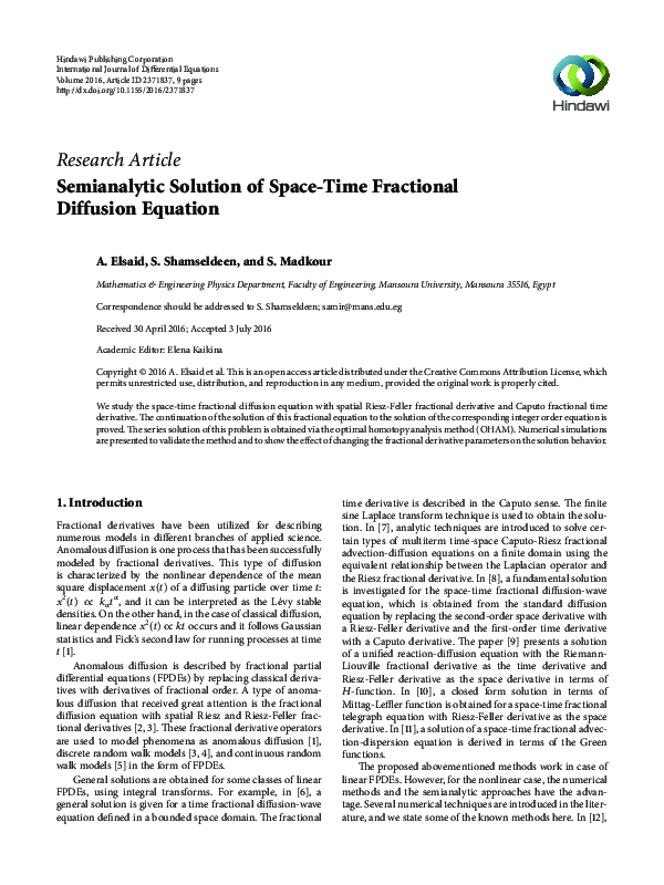 (PDF) Semianalytic Solution of Space-Time Fractional Diffusion Equation
