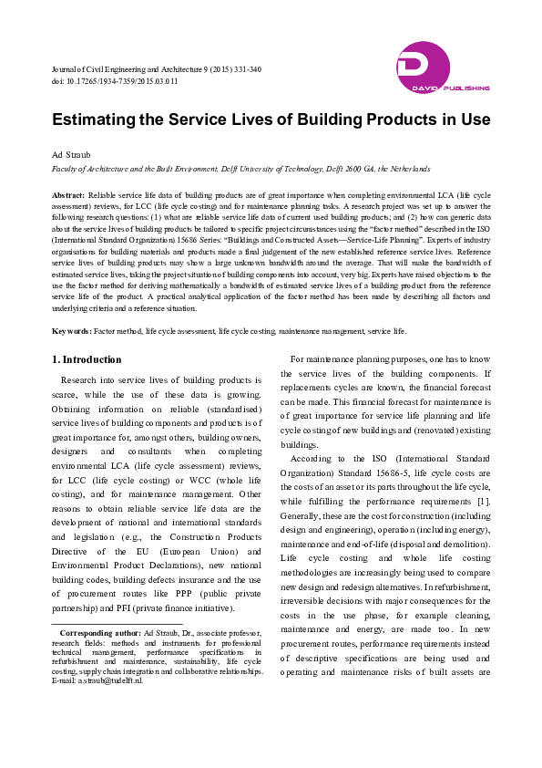(PDF) Estimating the Service Lives of Building Products in Use