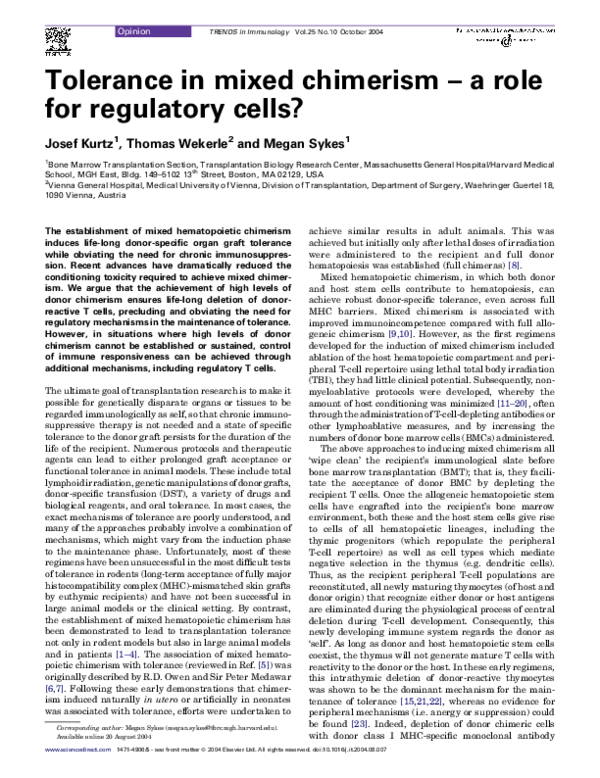(PDF) Tolerance in mixed chimerism – a role for regulatory cells?
