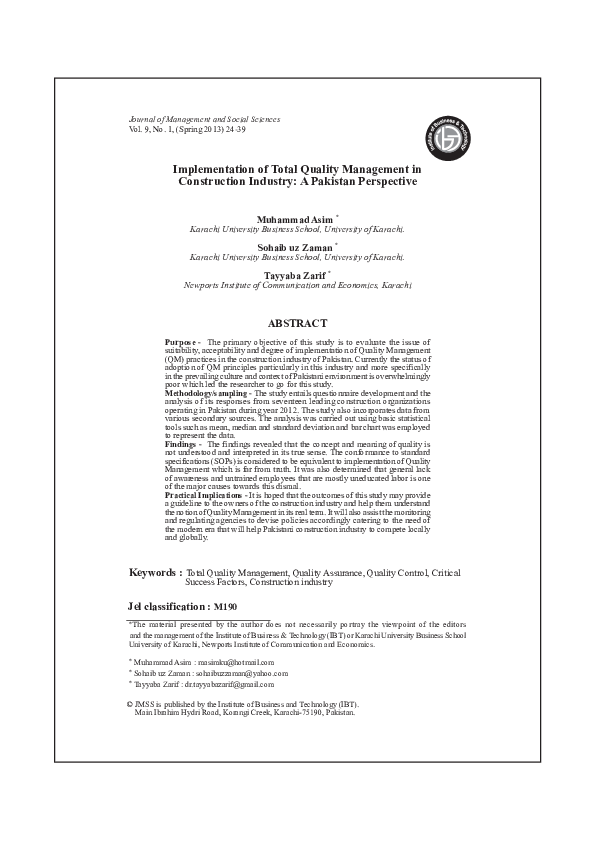 (PDF) Implementation of Total Quality Management in Construction ...