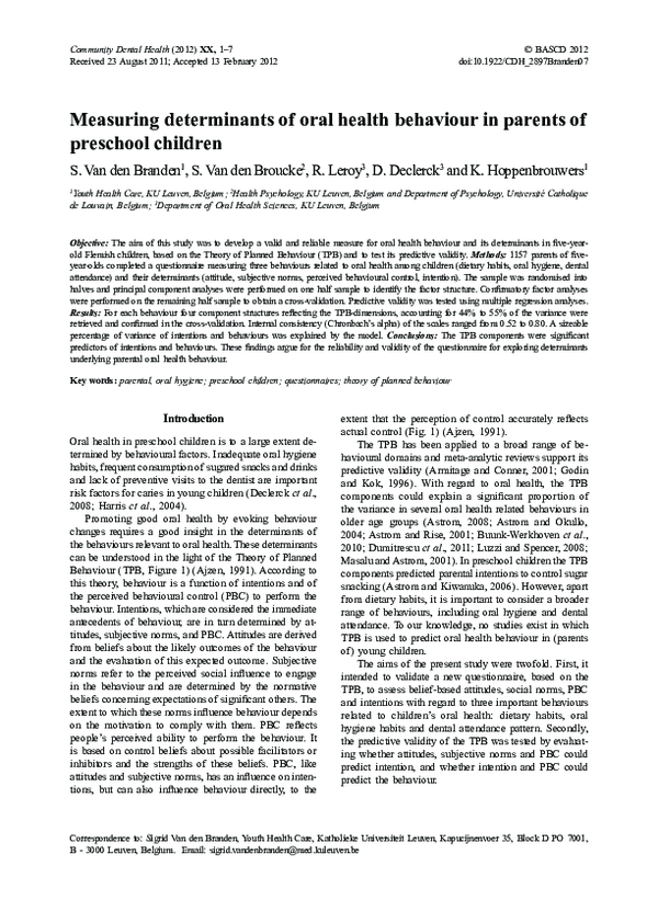 (PDF) Measuring determinants of oral health behaviour in parents of ...