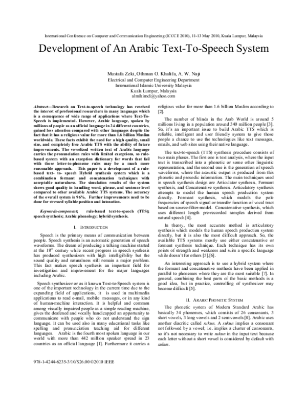 (PDF) Development of an Arabic text-to-speech system