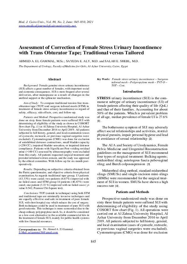 (PDF) Assessment of Correction of Female Stress Urinary Incontinence ...