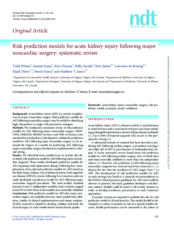 Risk prediction models for acute kidney injury following major ...