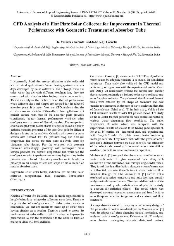 (PDF) CFD Analysis of a Flat Plate Solar Collector for Improvement in ...