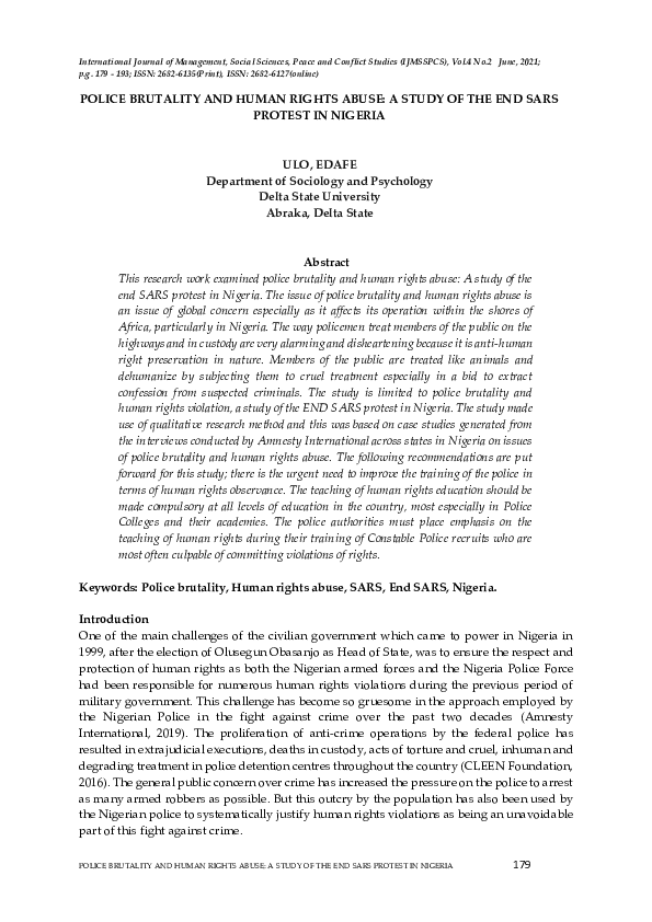 (PDF) POLICE BRUTALITY AND HUMAN RIGHTS ABUSE: A STUDY OF THE END SARS ...