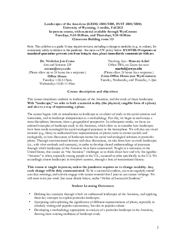 PDF) Syllabus: 'Landscapes of the Americas,' an advanced  undergraduate/graduate course at University of Wyoming (2021) | Nicholas J  Crane - Academia.edu