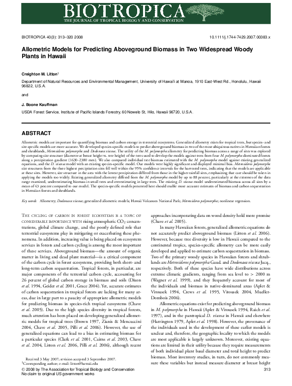 (PDF) Allometric models for predicting aboveground biomass in two ...